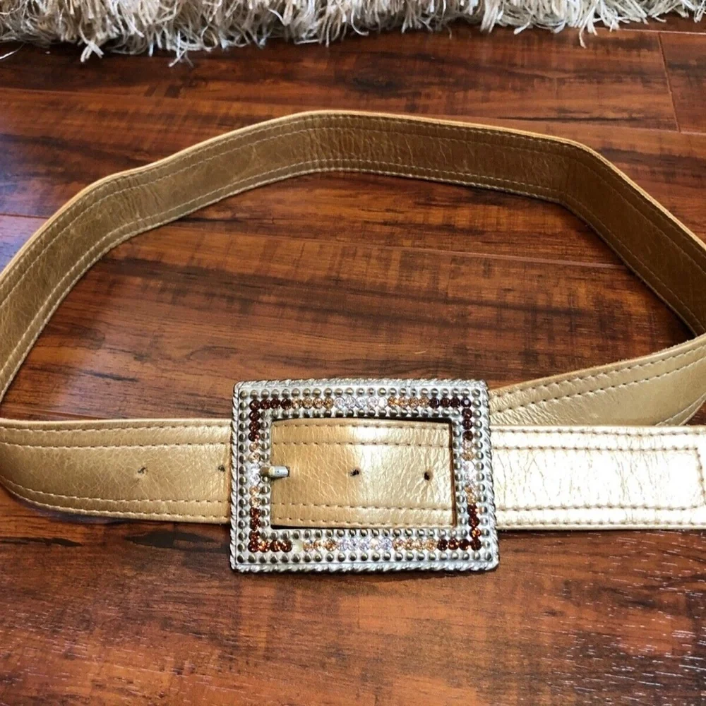 Vintage Glam Rock 1990 sz M 34 Light Gold Metallic Bling Rhinestone Leat…